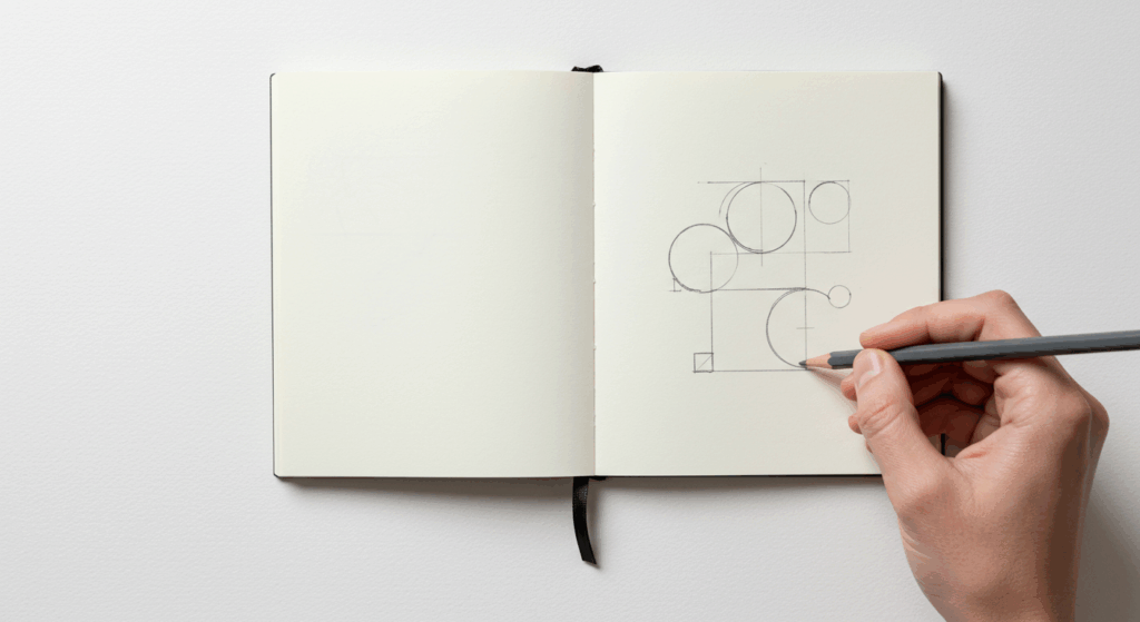 A designer's hand sketching the foundational geometric shapes for a bespoke logo design, representing the concept development phase of a branding project.
