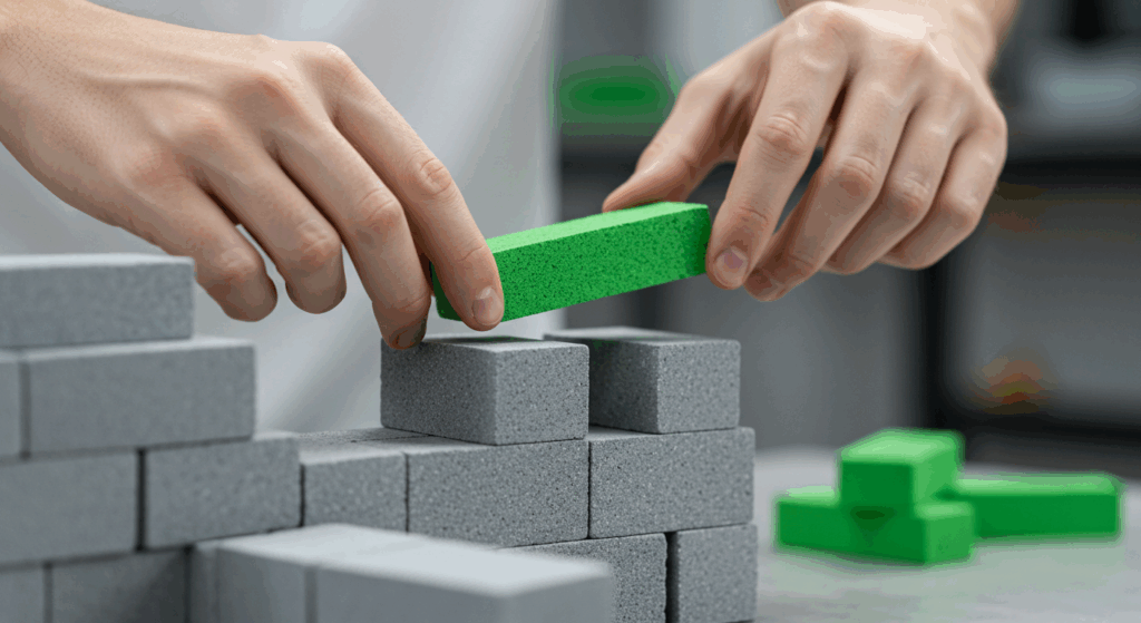 A developer's hands carefully placing a unique green block into a structure of grey blocks, symbolizing the precision of building custom WooCommerce functionality.