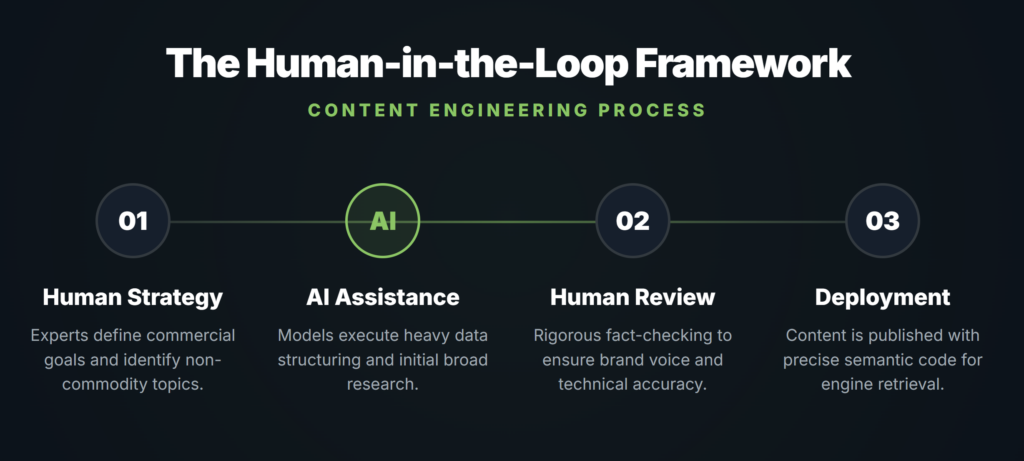 Diagram of the human-in-the-loop content framework, detailing four steps: human-led commercial strategy, AI-assisted research, human review and fact-checking, and final technical deployment.