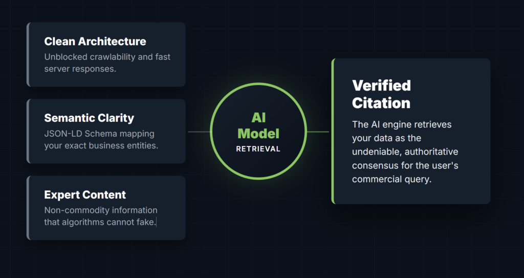 Infographic illustrating the AI search ecosystem: clean technical architecture, semantic schema clarity, and expert content feed into an AI retrieval model to generate verified brand citations.
