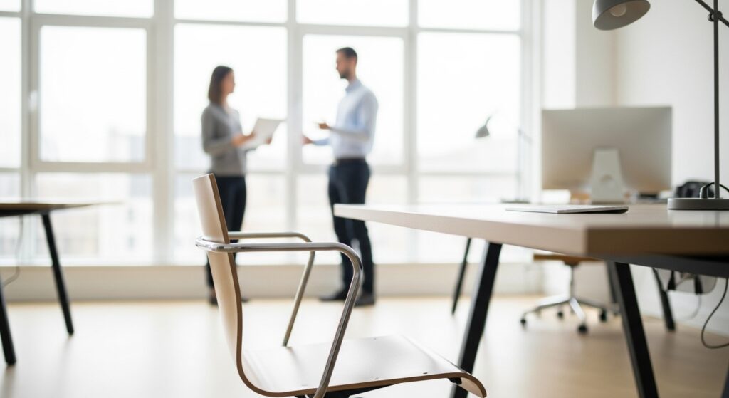 A bright, modern office with two professional colleagues discussing work in the background, representing a professional business environment.