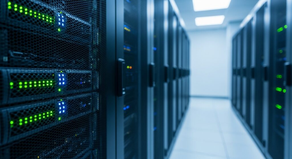 A close-up of a server rack in a modern data centre with glowing green and blue LED lights, representing the cloud infrastructure behind SaaS products.
