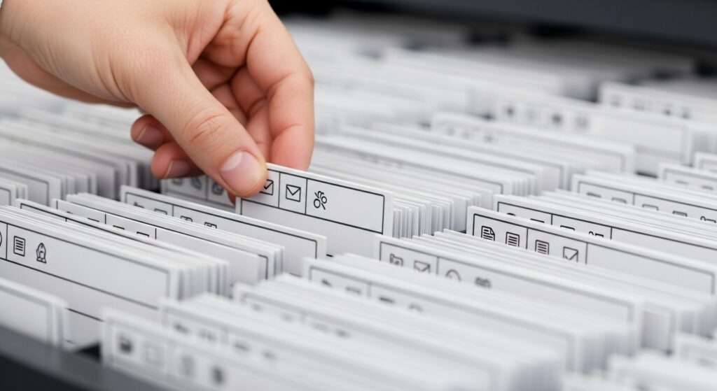 A close-up of a hand neatly filing a card with simple icons into a well-organised library catalog, symbolising structured data.