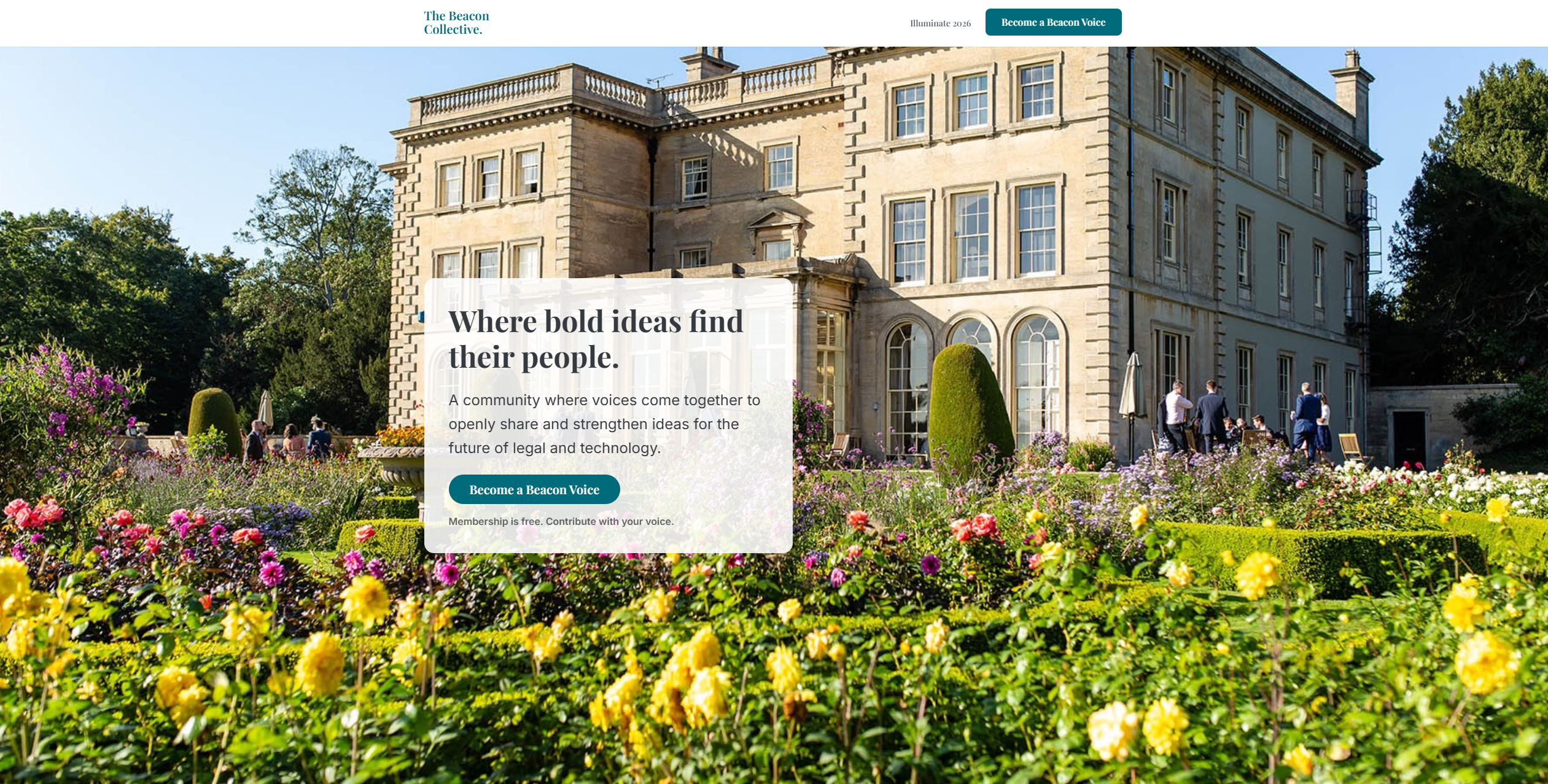 The Beacon Collective's new, bespoke website homepage featuring a stately home background, clean typography, and a clear call to action "Become a Beacon Voice".