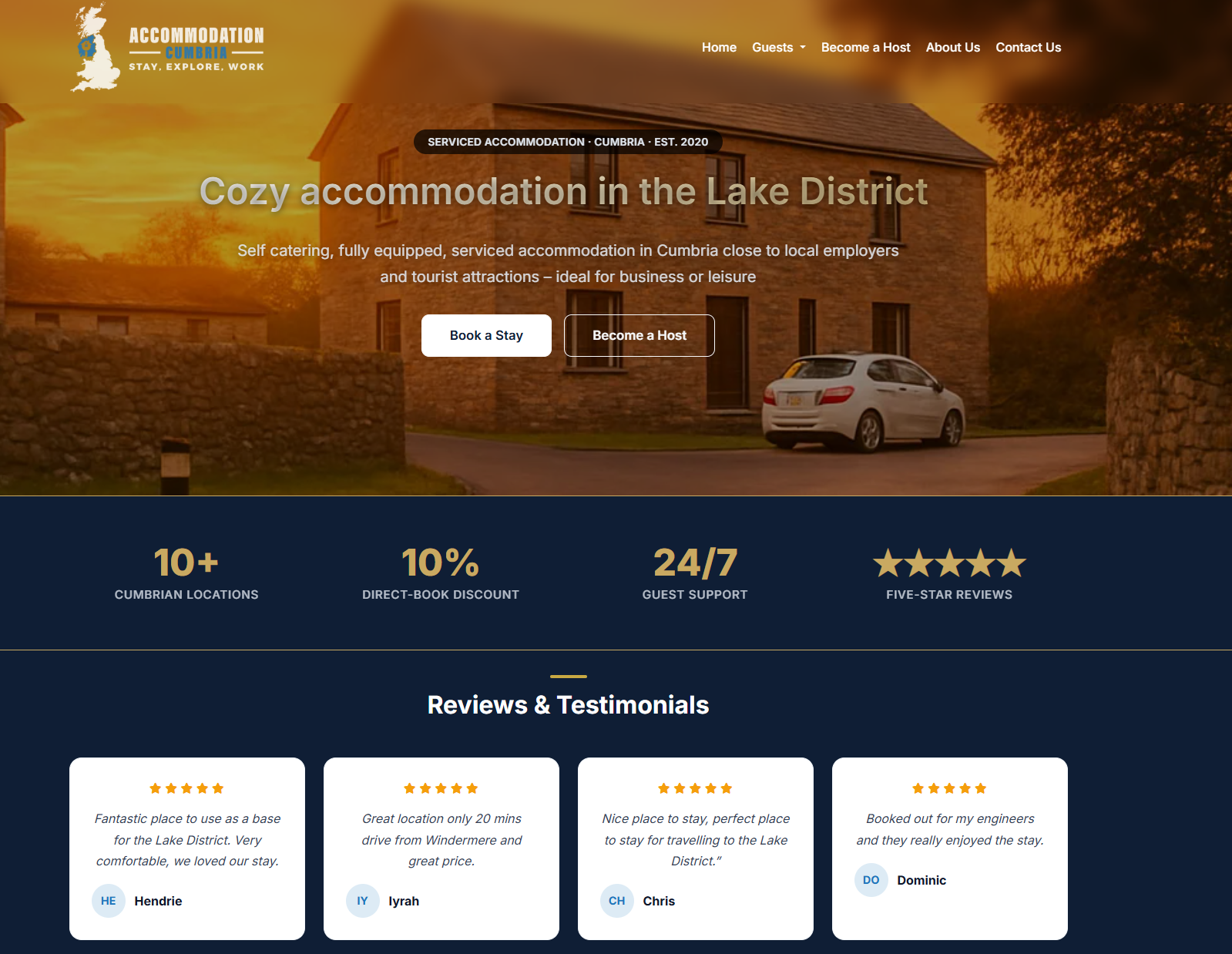 The homepage of the newly built Accommodation Cumbria website displaying featured holiday lets and local area guides.